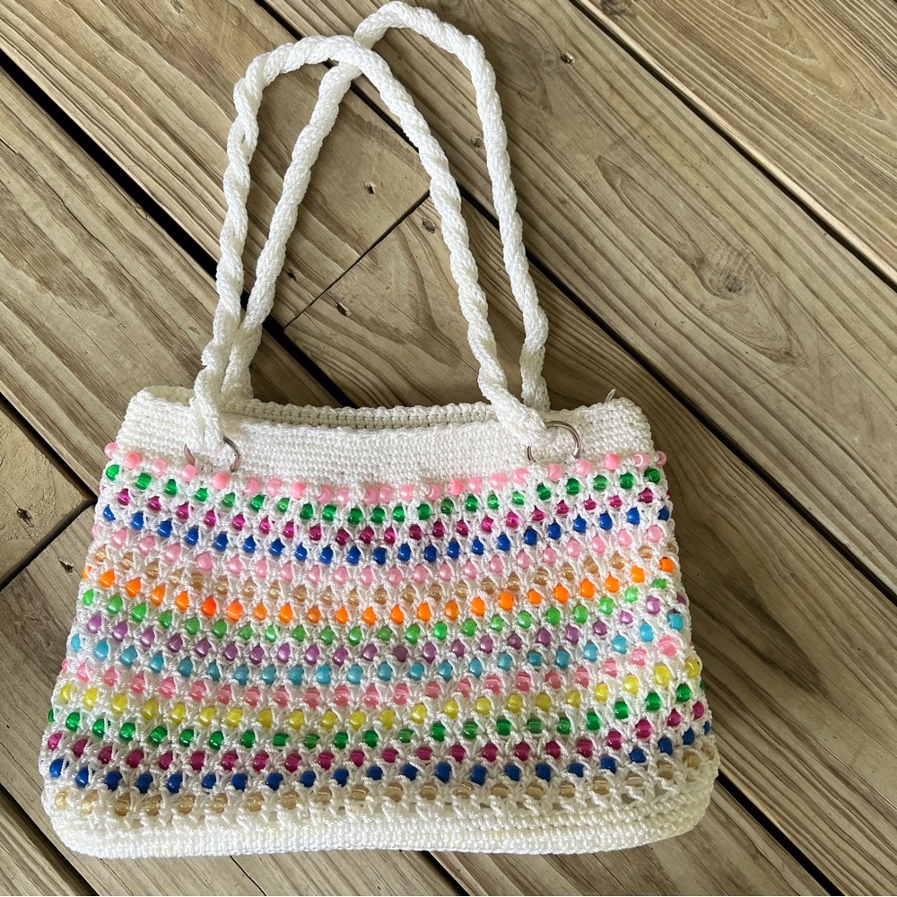 Vintage crochet beaded bag rainbow handmade white large shoulder purse summer